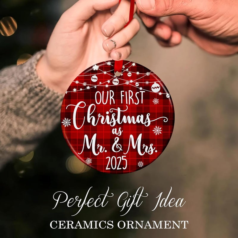 Fastpeace Our First Christmas as Mr and Mrs 2025 Ceramic Ornament – Classic Holiday Tree Decoration & Wedding Keepsake, First for Newlyweds, Romantic Ceramic Décor for Couples - Image 3